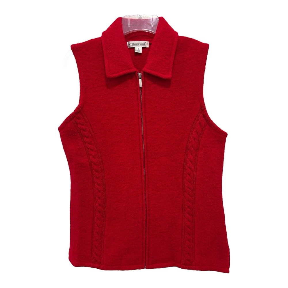 Coldwater Creek Sweater Vest Womens Small Red 100% Wool Full Zip Cable Trim